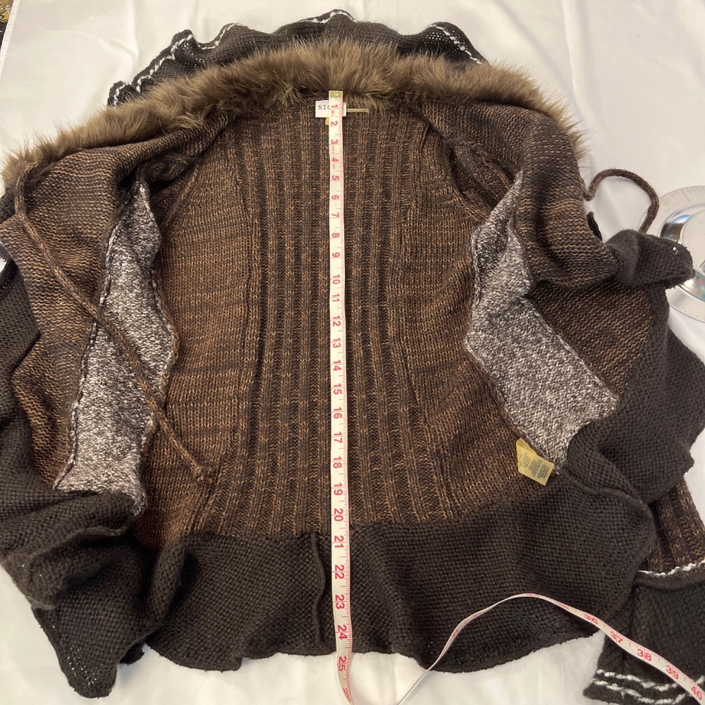 Sioni Faux Fur Trim Knit Cardigan Sweater Size L Brown Boho - Picture 7 of 8